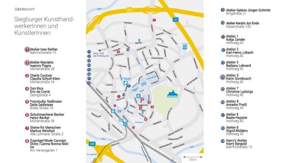 Stadtkarte mit Markierung der Siegburger Kunsthandwerker
