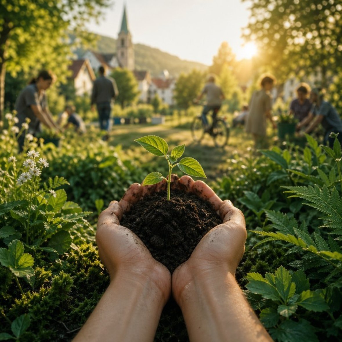 Hände halten Erde und Pflanze